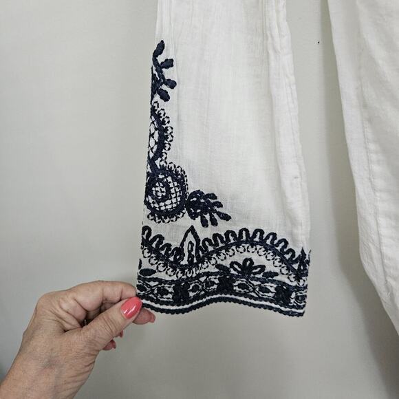 Max Edition Boho Peasant Style Blouse S Ivory Blue Embroidery Lg Beaded Pom Tie - Picture 6 of 11